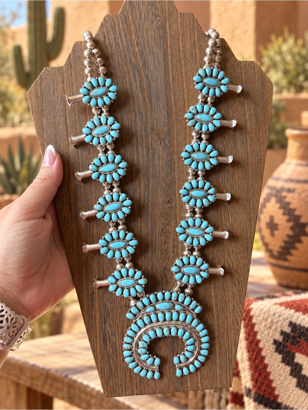 30” Navajo Turquoise Bench Bead Sterling Silver Squash Blossom Necklace 🩵